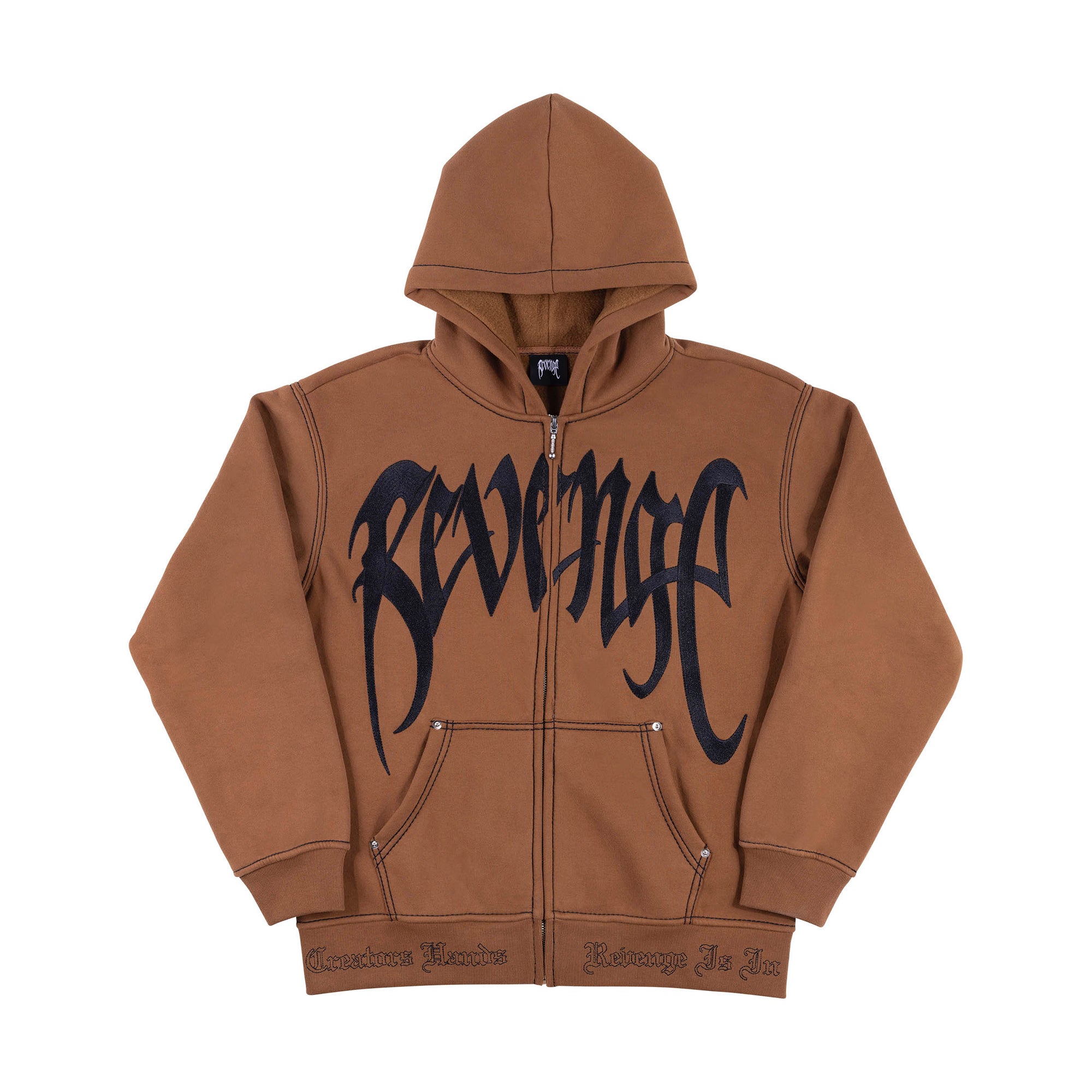 Revenge Contrast Embroidered Zip Up Brown-PLUS