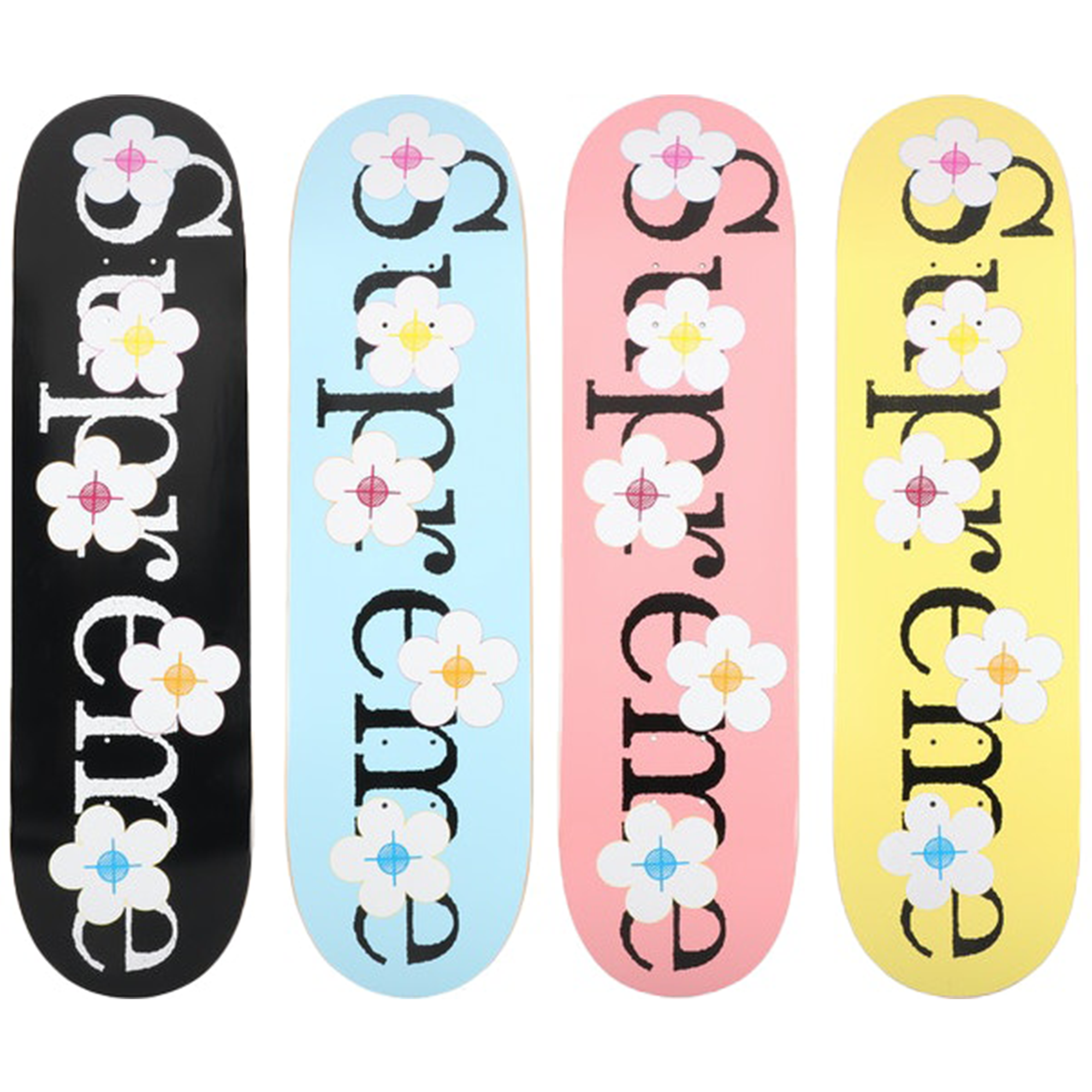 Supreme Flowers Skateboard Deck Black/Blue/Pink/Yellow Set PLUS
