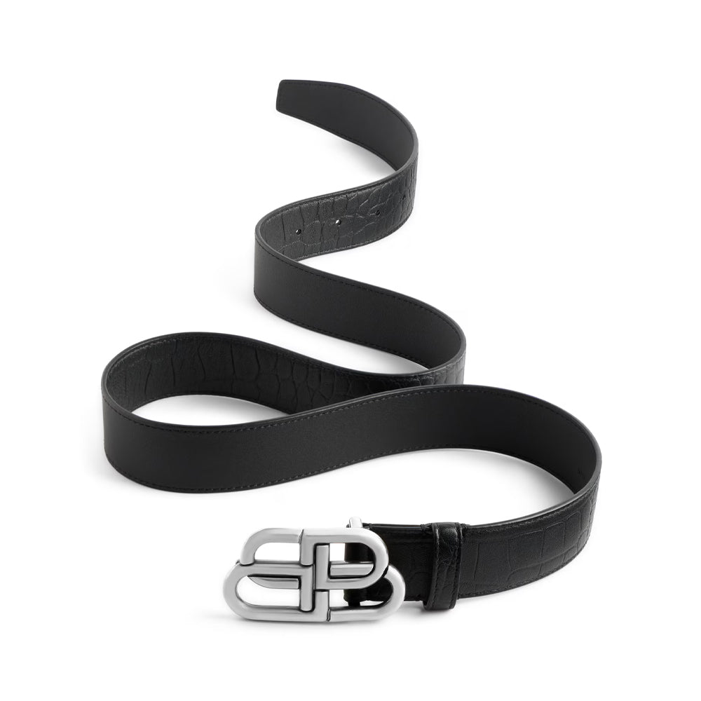 Balenciaga BB Logo Buckle Croc Embossed Leather Belt-PLUS