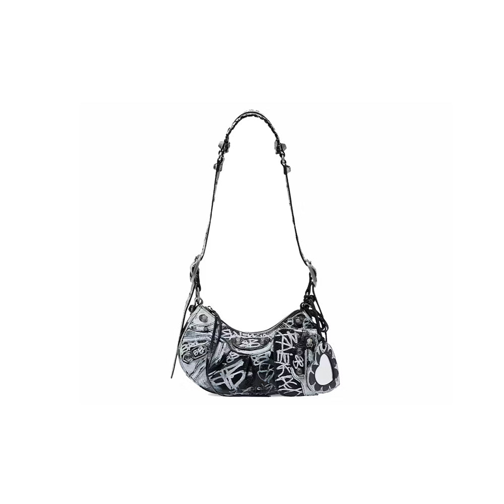 Balenciaga Le Cagole Shoulder Bag XS Black/White Graffiti-PLUS