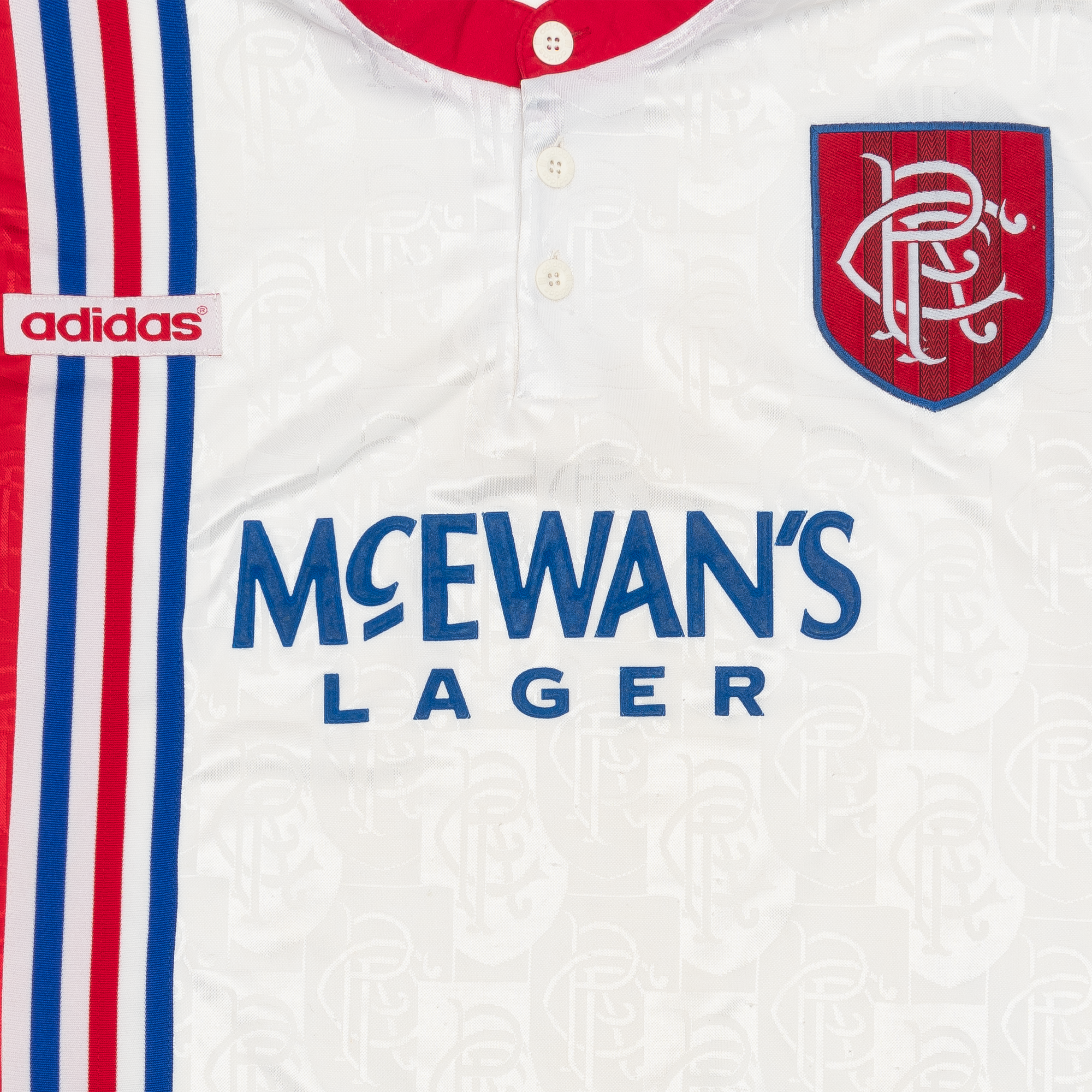 Team Glasgow Rangers FC 1995-96 Away Adidas McEwans Lager Soccer Jersey White-PLUS