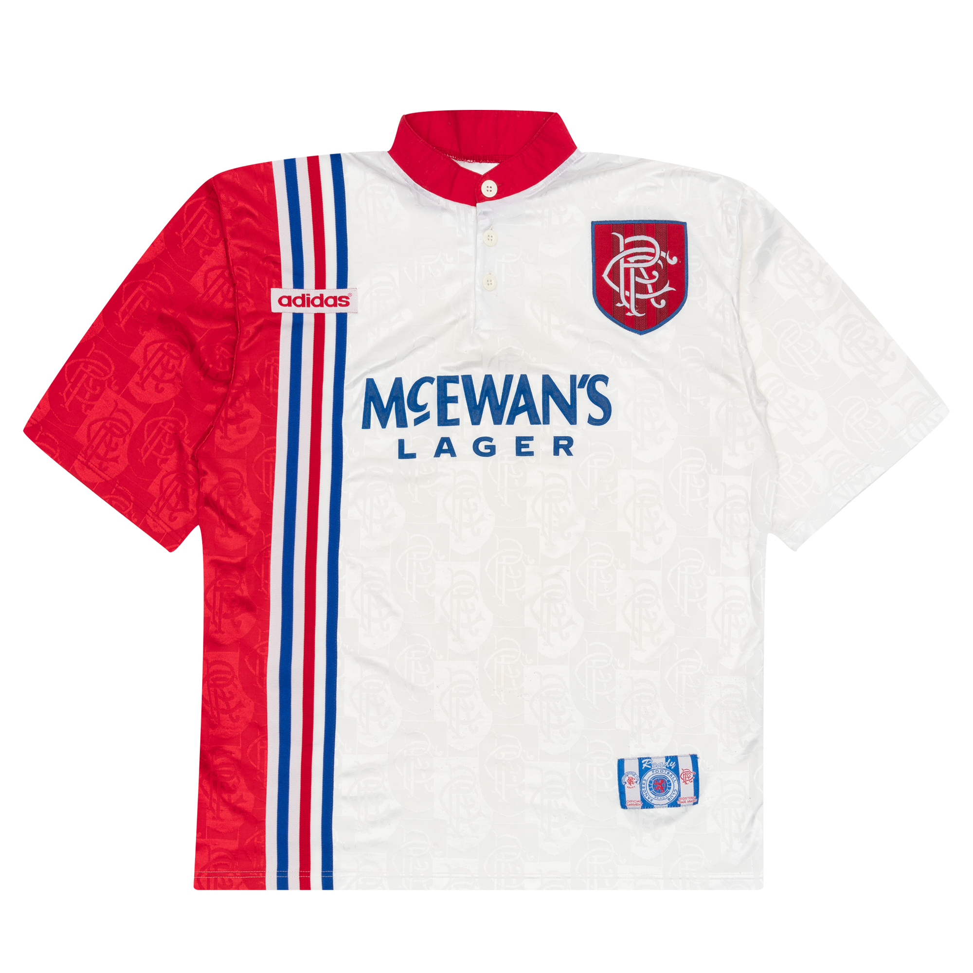 Team Glasgow Rangers FC 1995-96 Away Adidas McEwans Lager Soccer Jersey White-PLUS