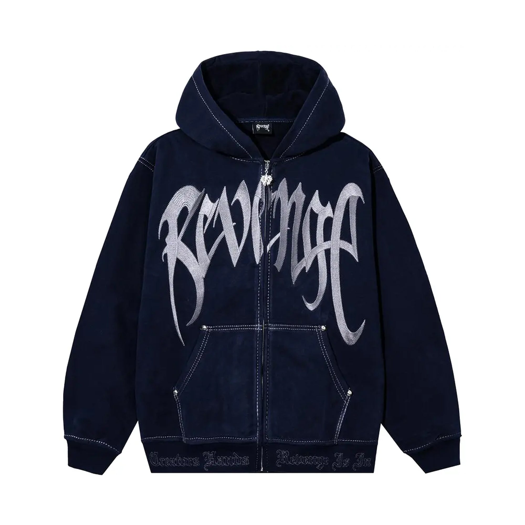 Revenge Arch Embroidered Zip Up Hoodie Navy-PLUS