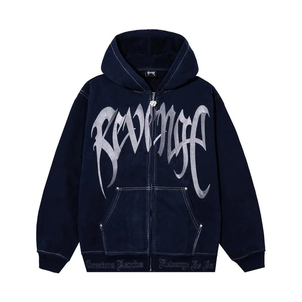 Revenge Arch Embroidered Zip Up Hoodie Navy