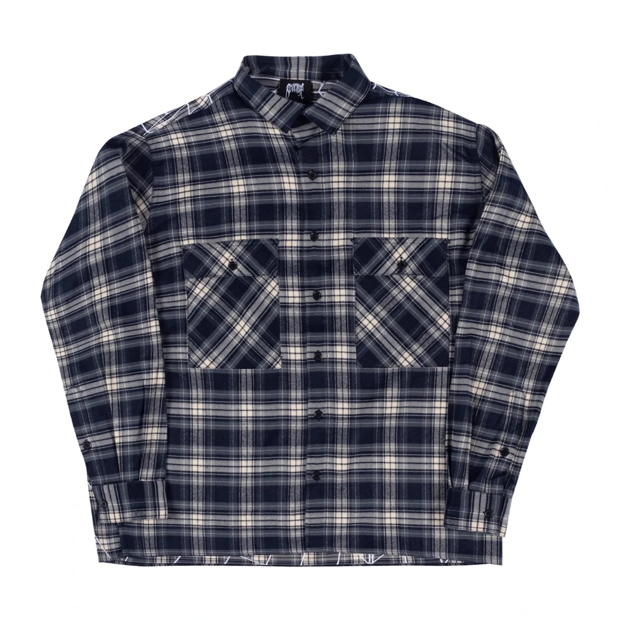 Revenge Spider Embroidered Button Up Flannel Grey-PLUS