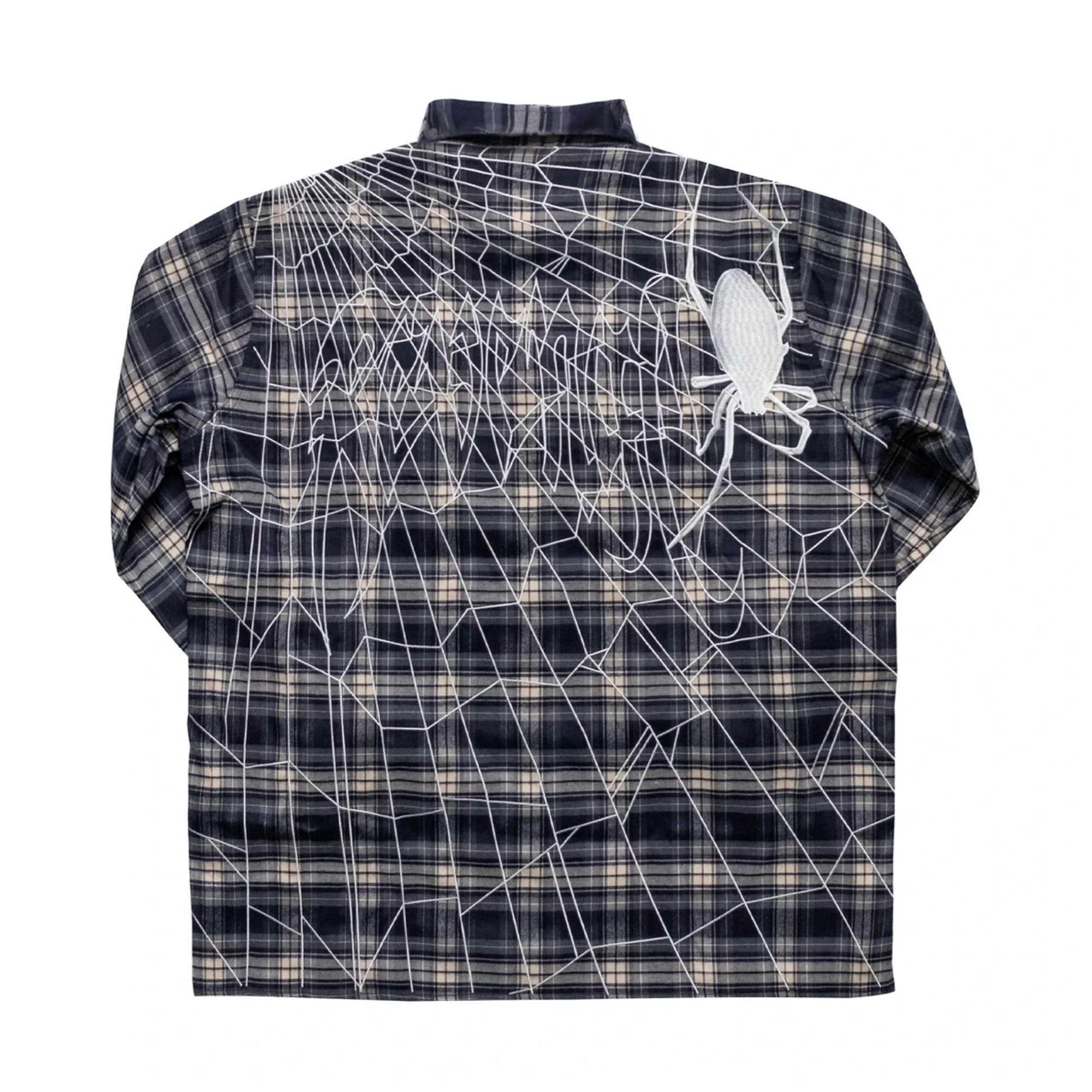 Revenge Spider Embroidered Button Up Flannel Grey-PLUS
