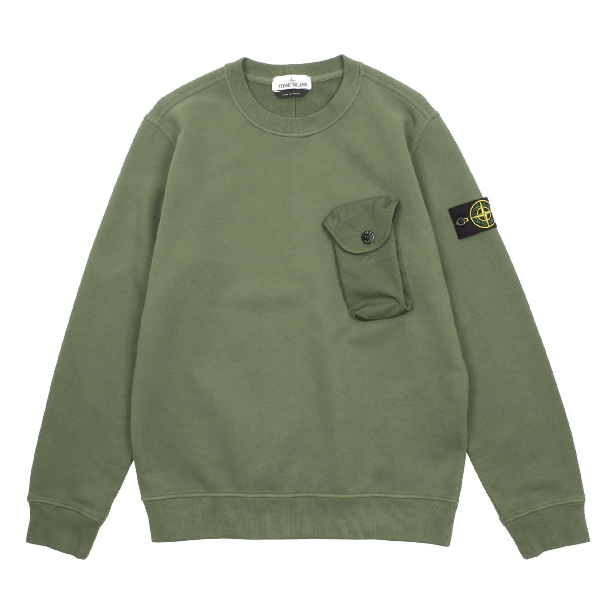 Stone Island Brushed Cotton Fleece Crewneck Pocket Sweatshirt Sage Green-PLUS