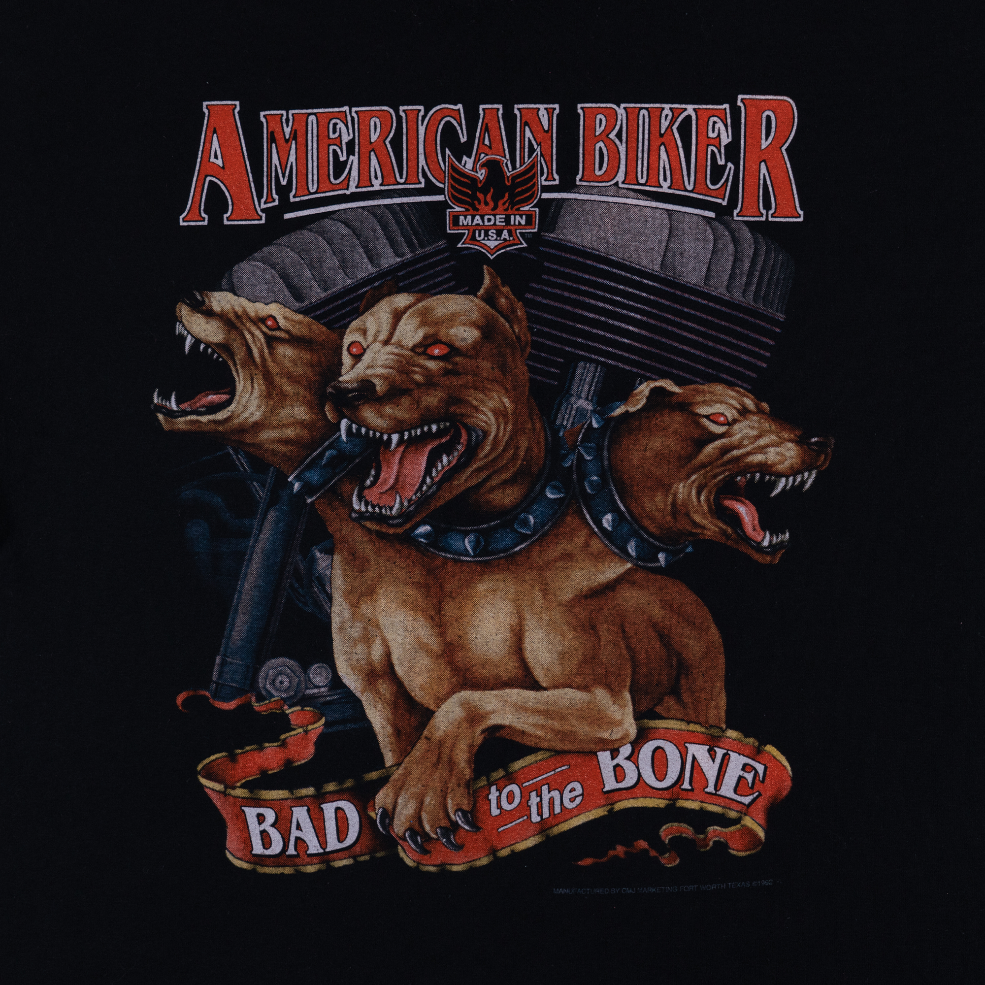 American Biker Bad To The Bone Dogs 3D Emblem 1993 Tee Black-PLUS