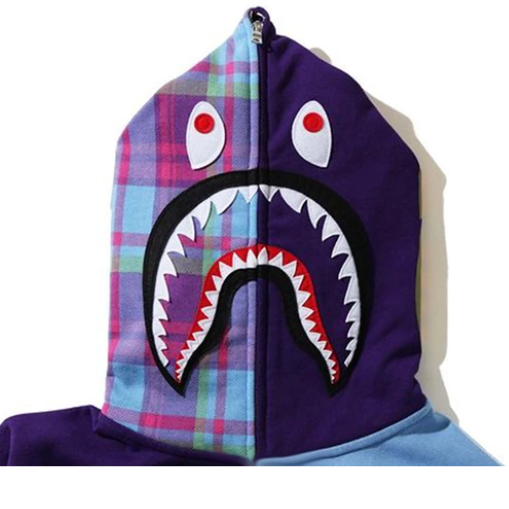 Bape Check Shark Relaxed Full Zip Hoodie Purple-PLUS