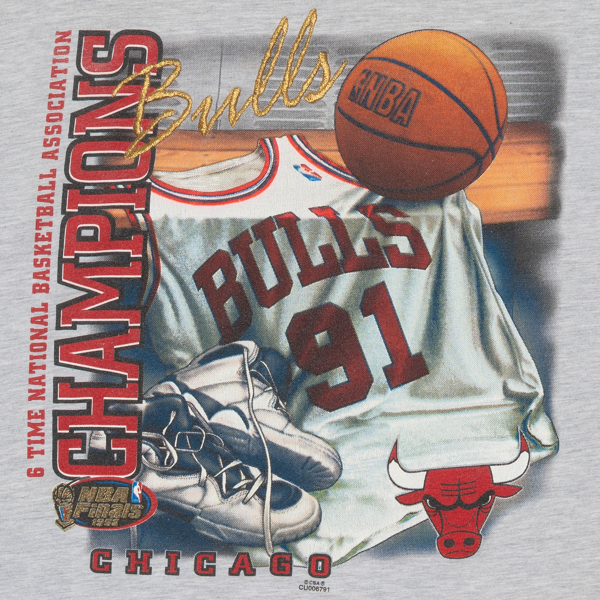 Chicago Bulls Gold Embroidered 6 Time NBA Champs 1998 NBA Tee Grey-PLUS