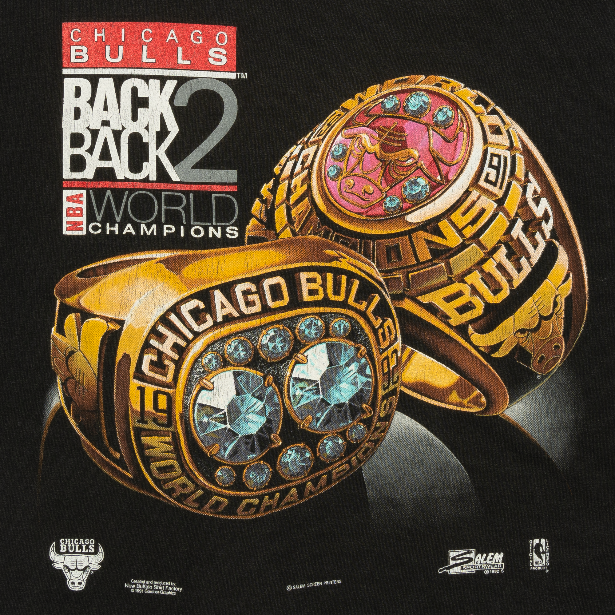 Chicago Bulls Back2Back World Champs Rings Salem 1992 NBA Tee Black-PLUS