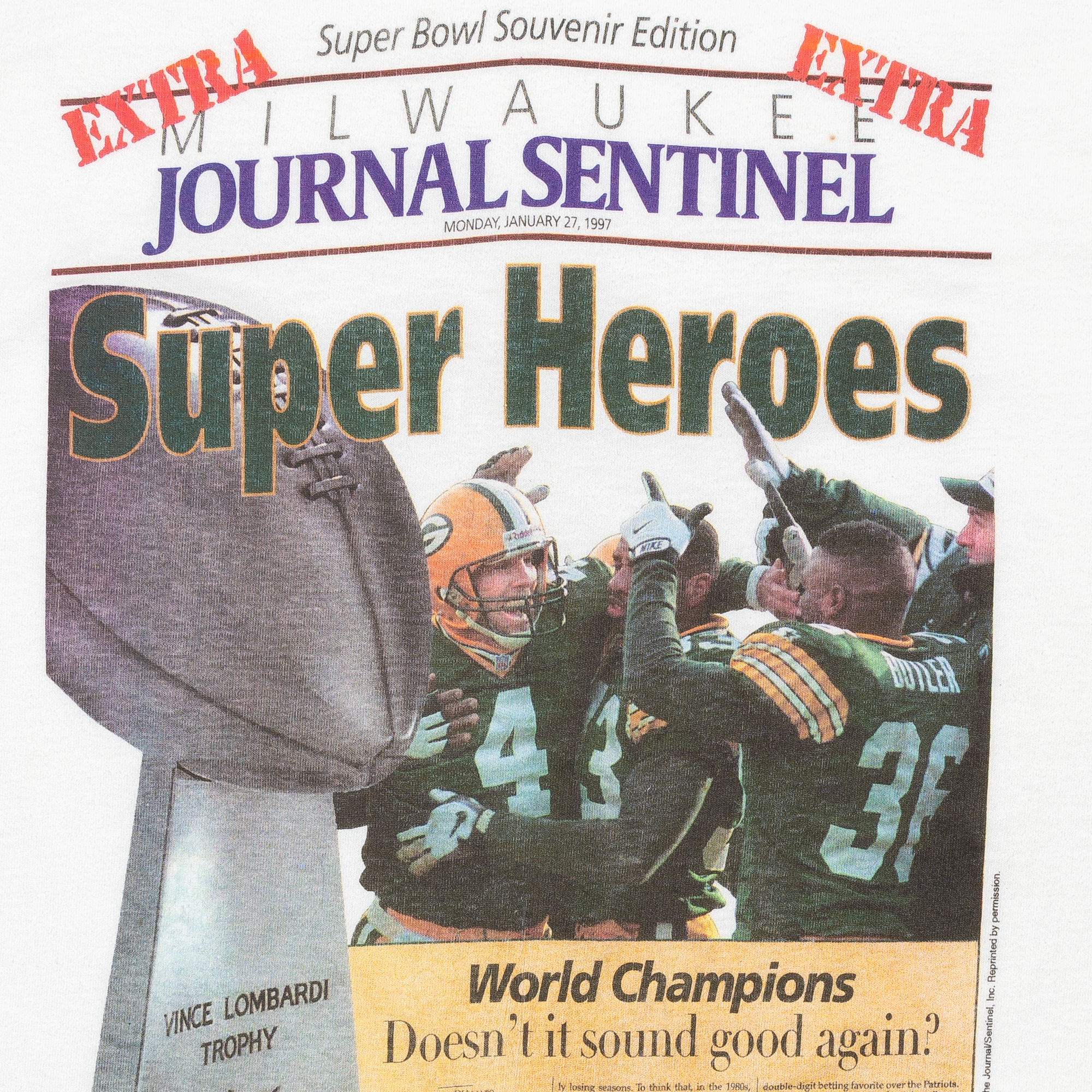 Super Heroes Super Bowl News Article 1997 NFL Tee White-PLUS