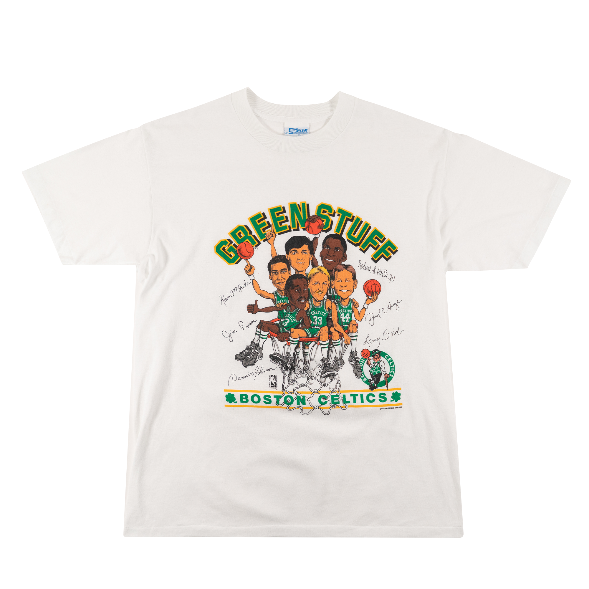 80's Salem Green Stuff Boston Celtics Big Head Caricature Tee White-PLUS