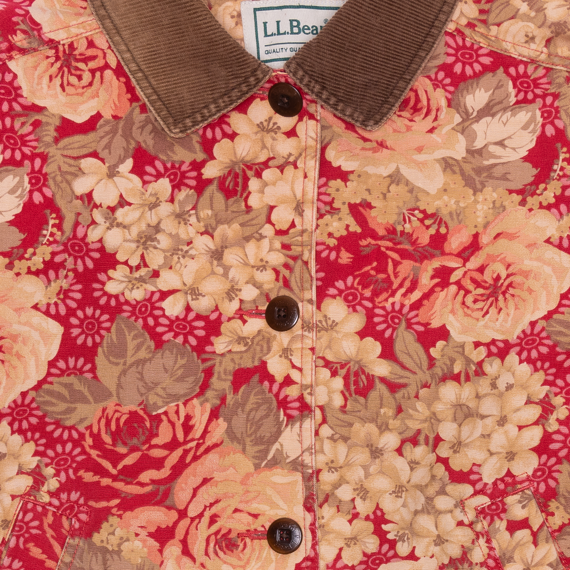LL Bean Floral Pattern Corduroy Collared Overcoat Red-PLUS