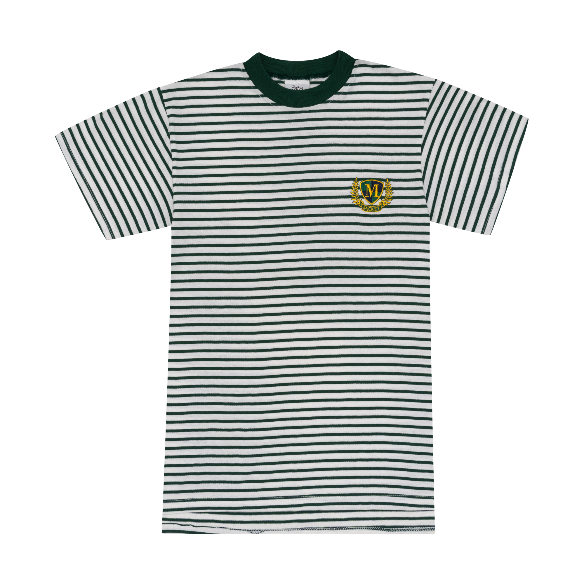 Mickey Mouse Embroidered Green Striped Tee White-PLUS
