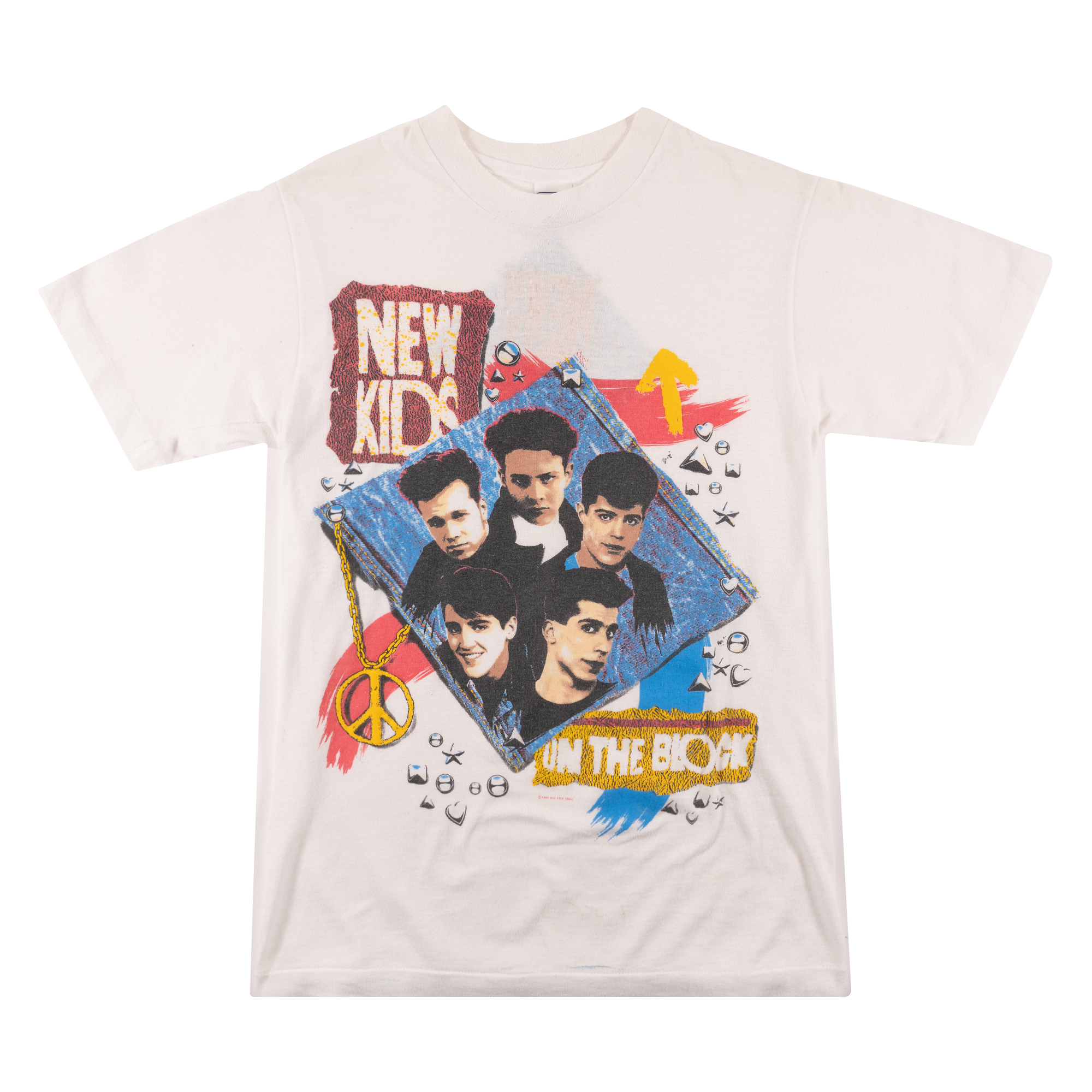 New Kids On The Block Denim Diamond Faces Ched Tag 1990 Tee White-PLUS