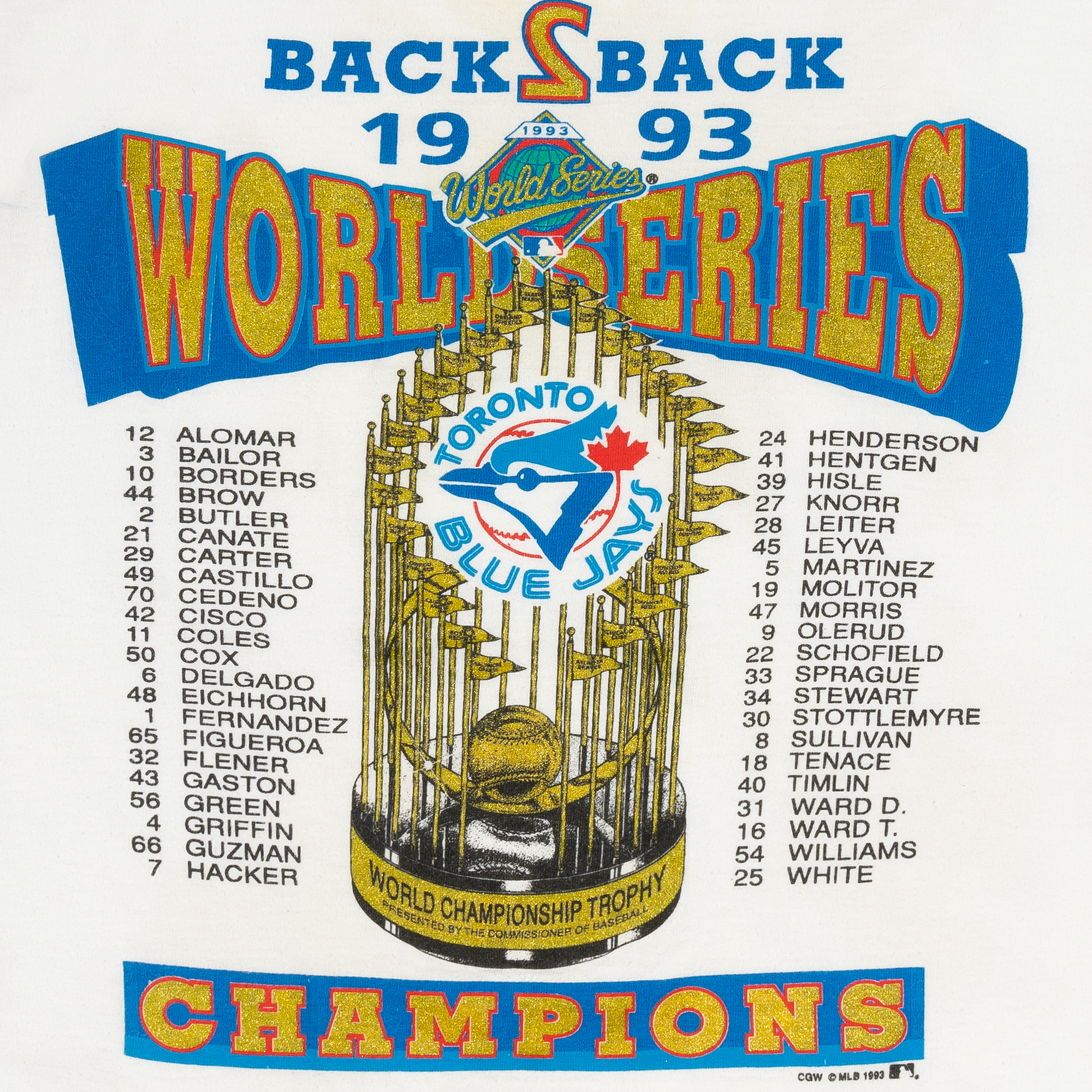 Toronto Blue Jays Back2Back World Series Champions 1993 MLB Tee White-PLUS