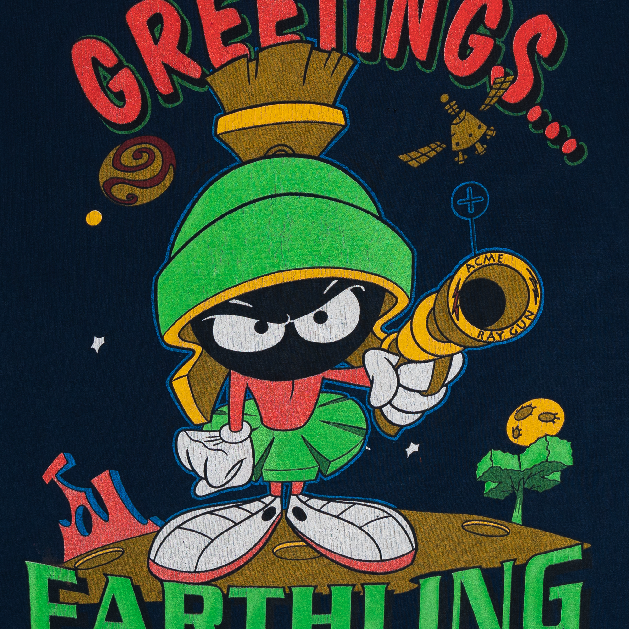 Marvin The Martian "Greetings Earthling" Warner Bros 1996 Tee Navy-PLUS