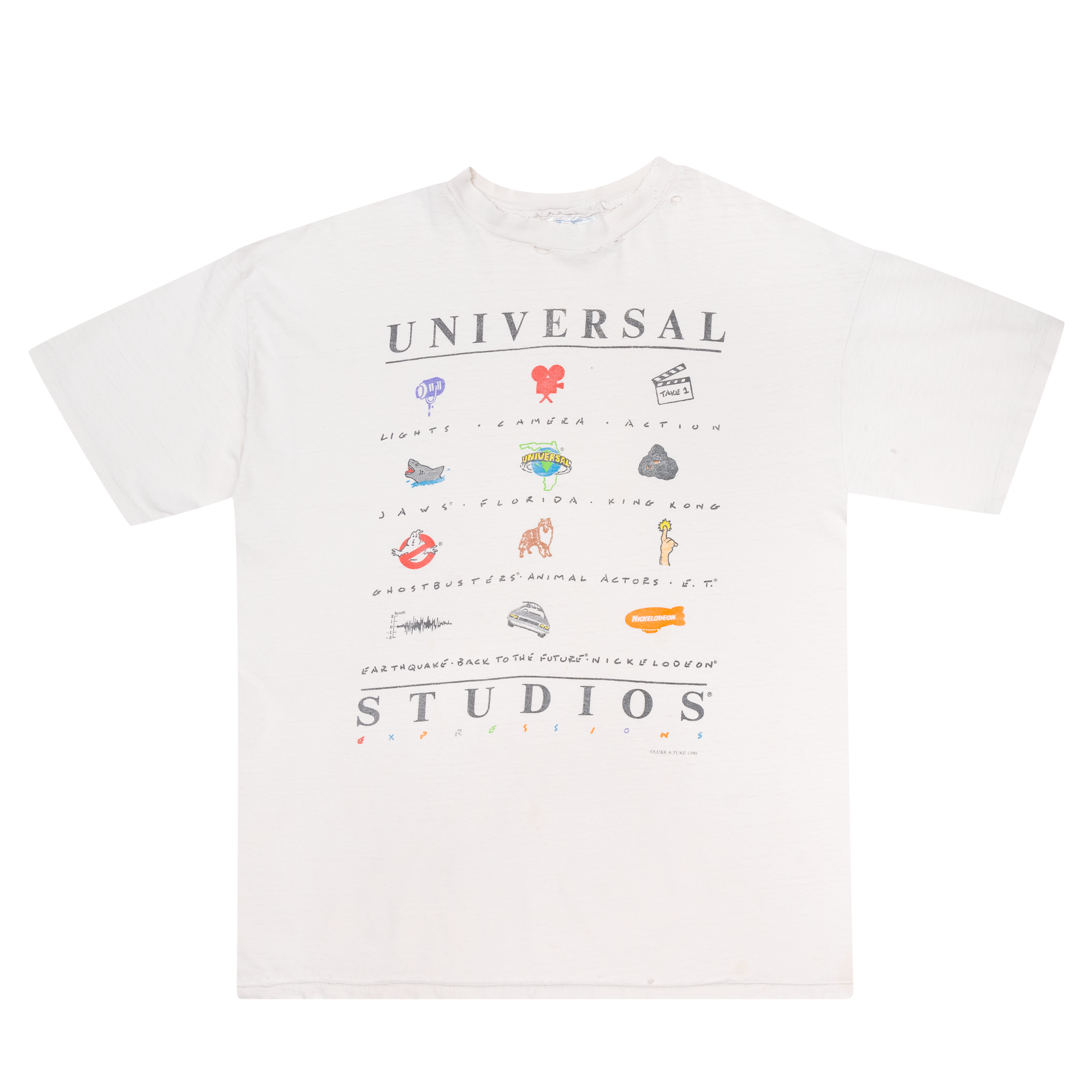 Universal Studios 1990 Sketch Distressed Tee White-PLUS