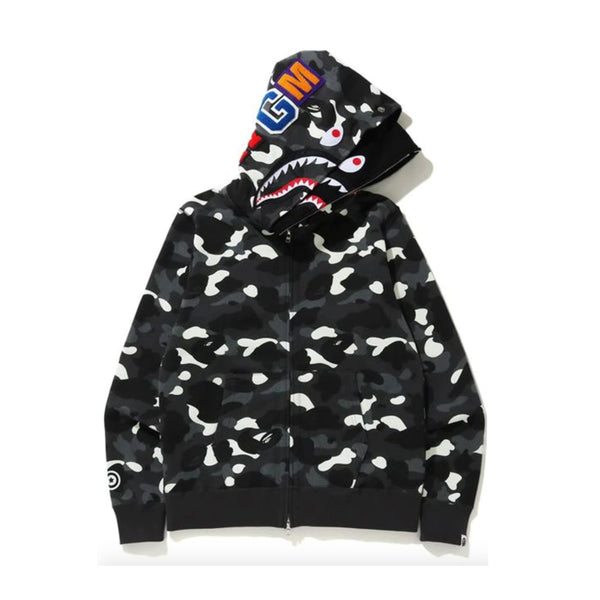 BAPE City Camo Shark Wide Full Zip Double Hoodie Black | PLUS