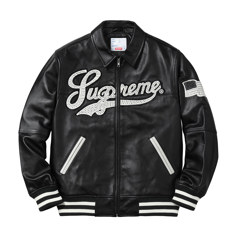 Supreme Uptown Studded Leather Varsity Jacket Black-PLUS