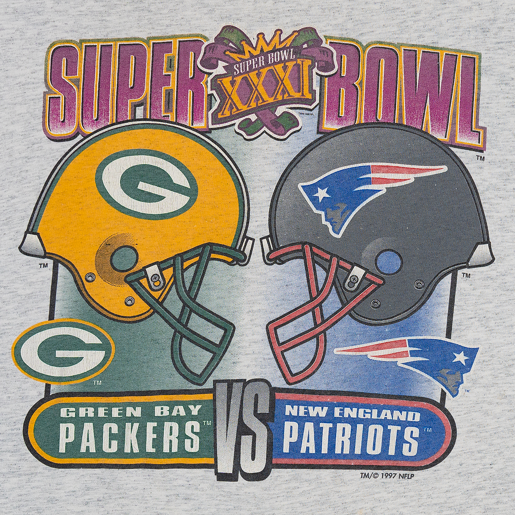 Super Bowl XXXI Packers VS Patriots 1997 NFL Tee Grey-PLUS