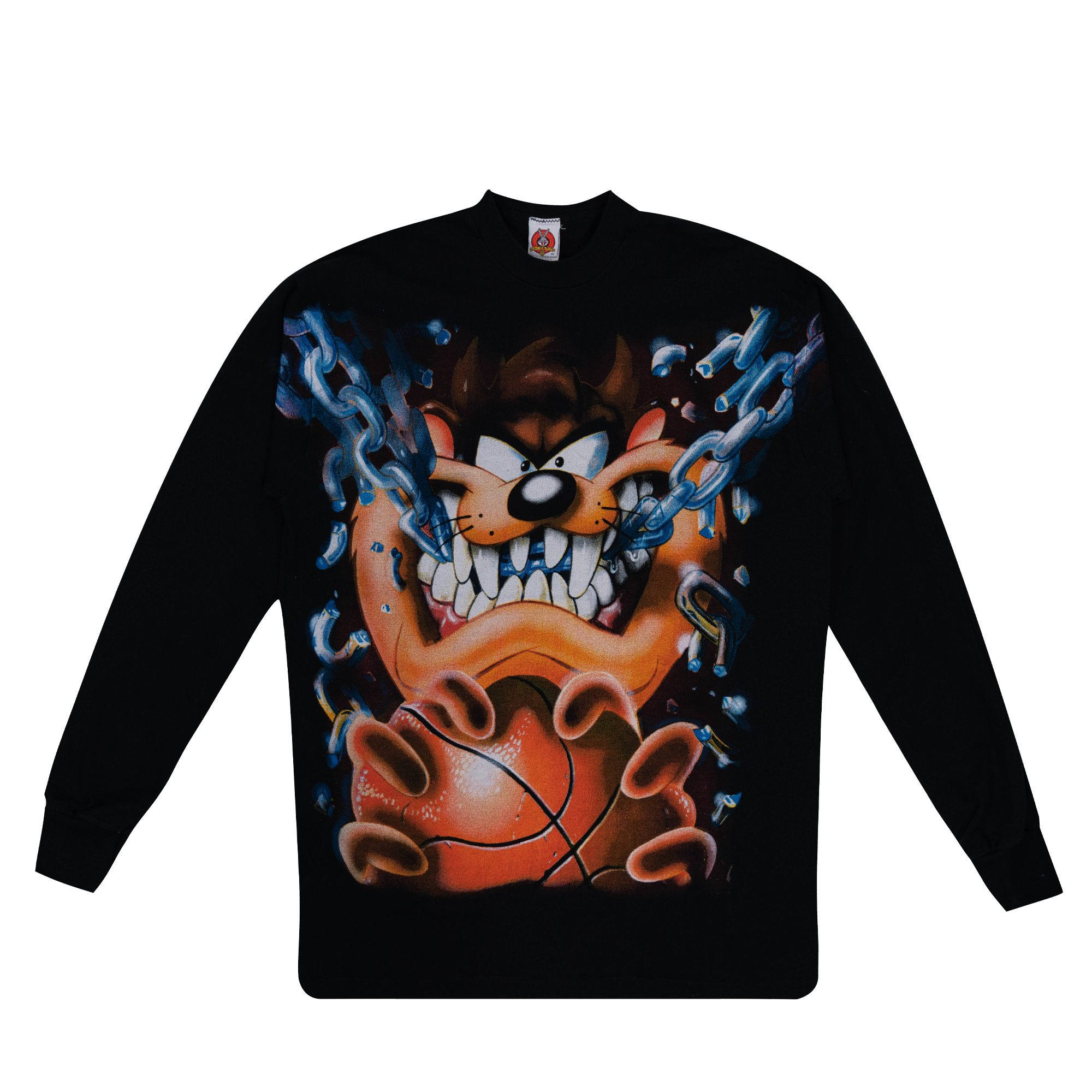 Taz Full Front Chain Basketball Graphic Looney Tunes 1998 L/S Tee Black-PLUS